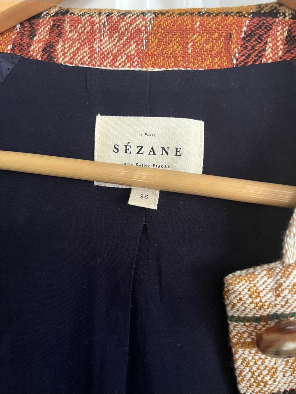 🌟SOLD🌟Sezane Mike Plaid Button-Front Jacket in Mustard, Cream & Rust - Picture 5 of 7